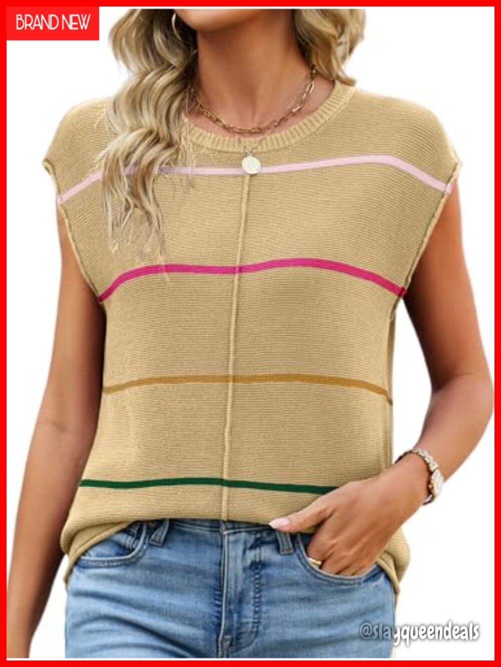 Womens Cap Sleeve Striped Sweater Vest Lightweight Loose Knit Tank Top